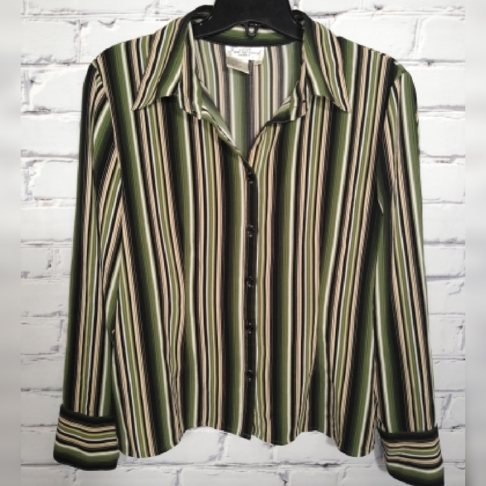 Fred David stretch, stripped button down blouse XL